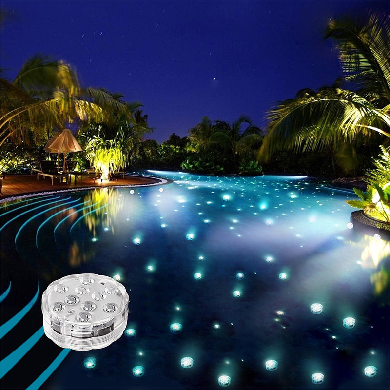 Luces LED sumergibles e impermeables con control remoto para piscinas.