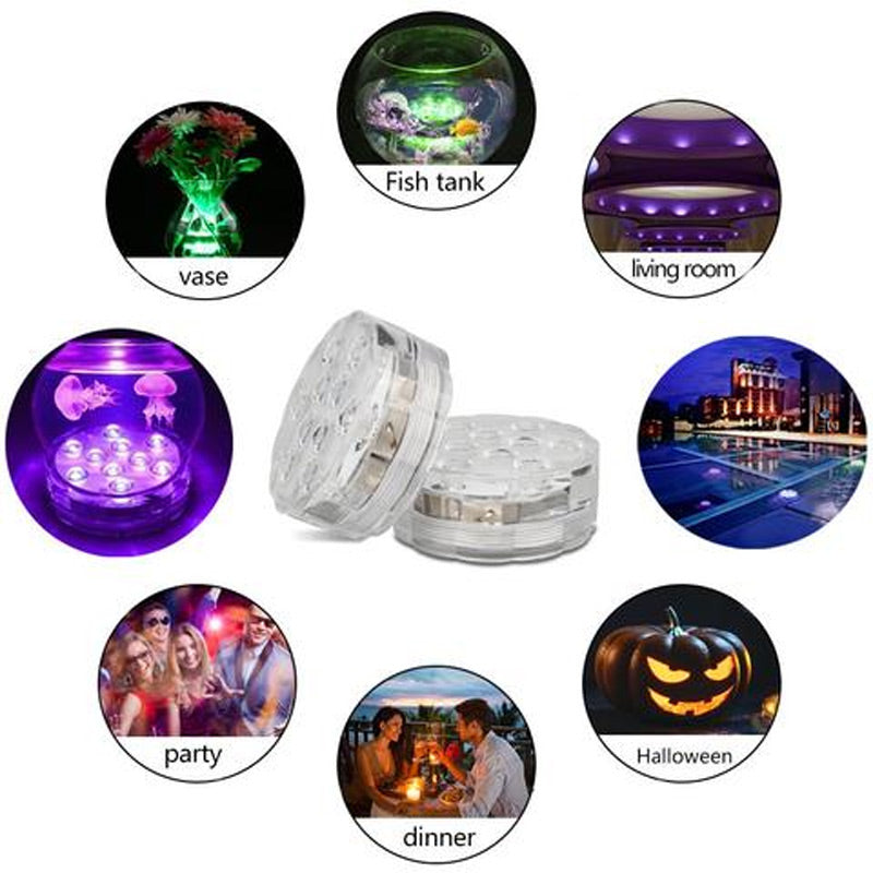 Luces LED sumergibles e impermeables con control remoto para piscinas.