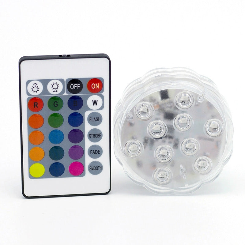 Luces LED sumergibles e impermeables con control remoto para piscinas.