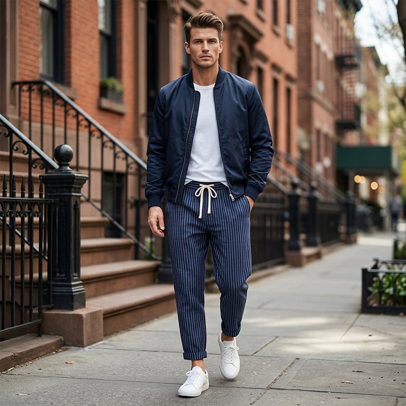 👖 ¡50% DE DESCUENTO AHORA! 🌿 Pantalones de lino para hombre – Rayados y cortos – Cintura elástica con cordón – Pantalones de verano transpirables 🏖️