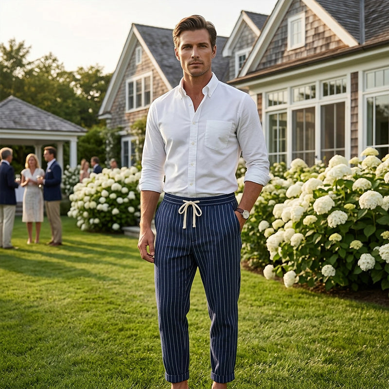 👖 ¡50% DE DESCUENTO AHORA! 🌿 Pantalones de lino para hombre – Rayados y cortos – Cintura elástica con cordón – Pantalones de verano transpirables 🏖️
