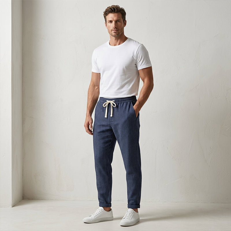 👖 ¡50% DE DESCUENTO AHORA! 🌿 Pantalones de lino para hombre – Rayados y cortos – Cintura elástica con cordón – Pantalones de verano transpirables 🏖️