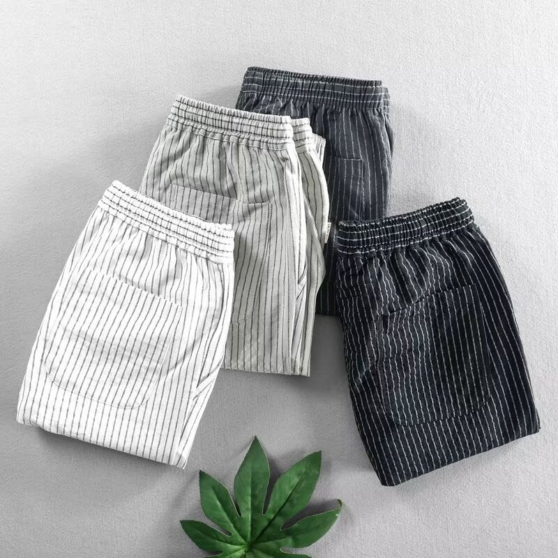 👖 ¡50% DE DESCUENTO AHORA! 🌿 Pantalones de lino para hombre – Rayados y cortos – Cintura elástica con cordón – Pantalones de verano transpirables 🏖️