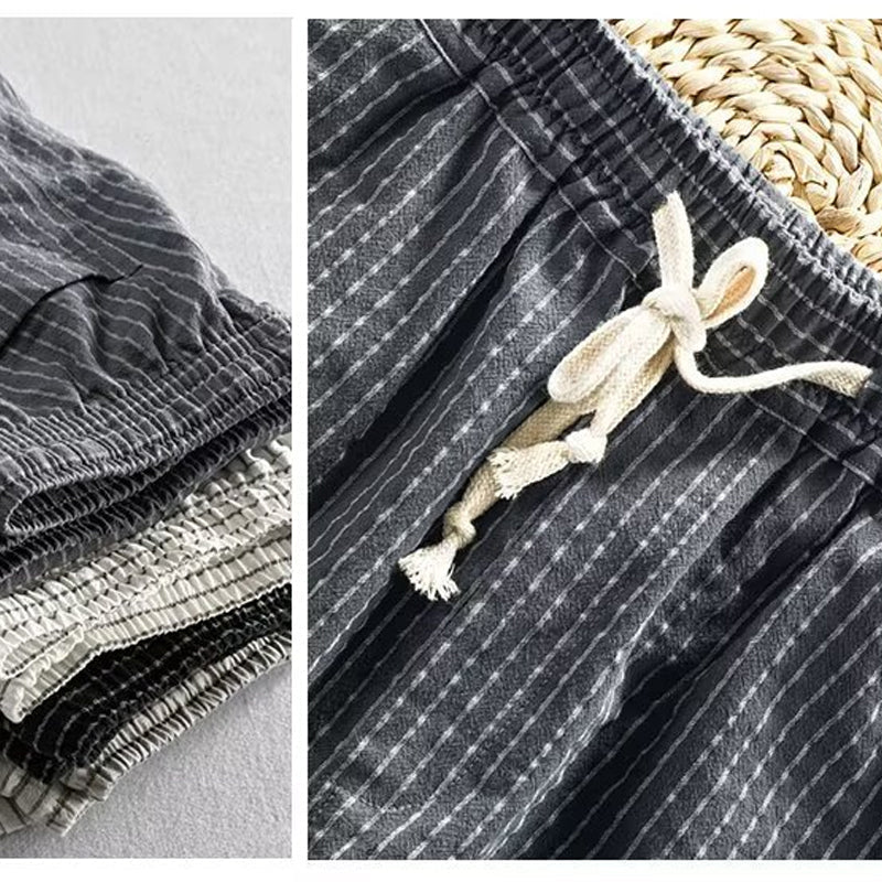 👖 ¡50% DE DESCUENTO AHORA! 🌿 Pantalones de lino para hombre – Rayados y cortos – Cintura elástica con cordón – Pantalones de verano transpirables 🏖️