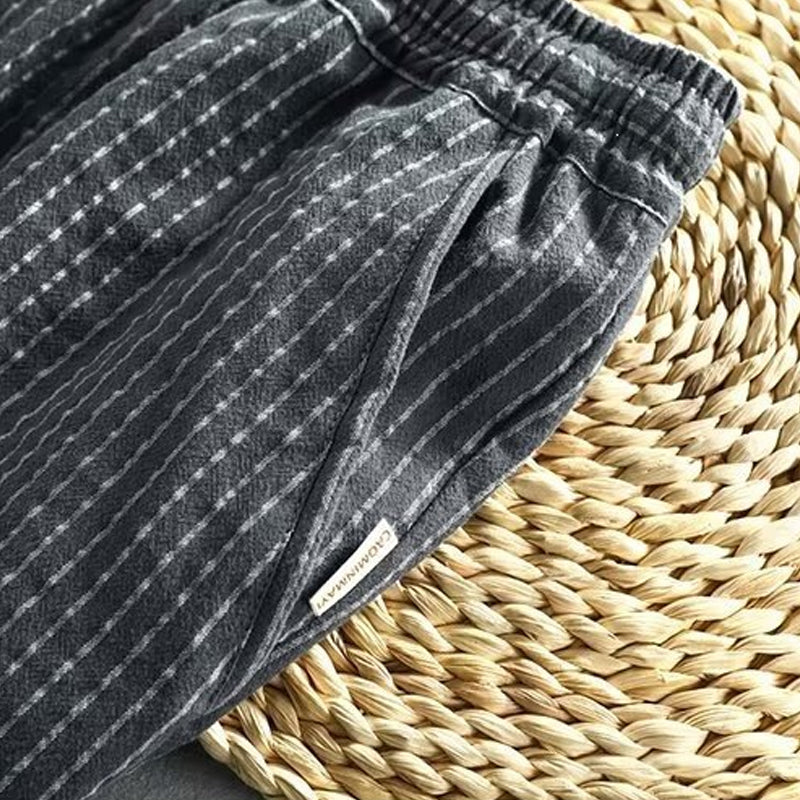 👖 ¡50% DE DESCUENTO AHORA! 🌿 Pantalones de lino para hombre – Rayados y cortos – Cintura elástica con cordón – Pantalones de verano transpirables 🏖️