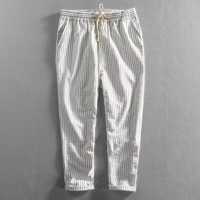👖 ¡50% DE DESCUENTO AHORA! 🌿 Pantalones de lino para hombre – Rayados y cortos – Cintura elástica con cordón – Pantalones de verano transpirables 🏖️