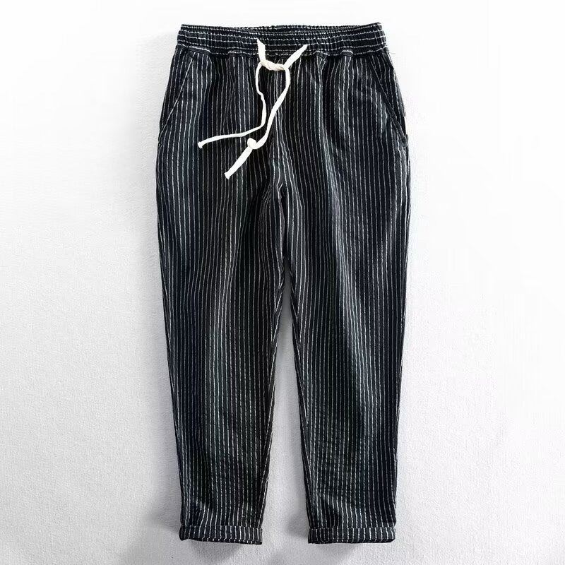 👖 ¡50% DE DESCUENTO AHORA! 🌿 Pantalones de lino para hombre – Rayados y cortos – Cintura elástica con cordón – Pantalones de verano transpirables 🏖️