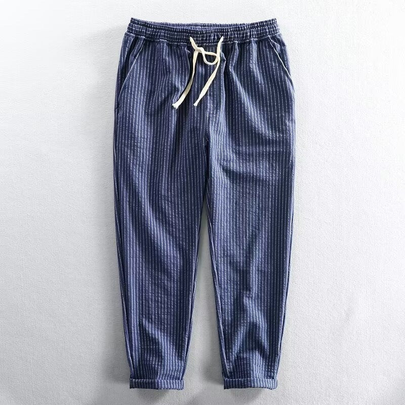 👖 ¡50% DE DESCUENTO AHORA! 🌿 Pantalones de lino para hombre – Rayados y cortos – Cintura elástica con cordón – Pantalones de verano transpirables 🏖️
