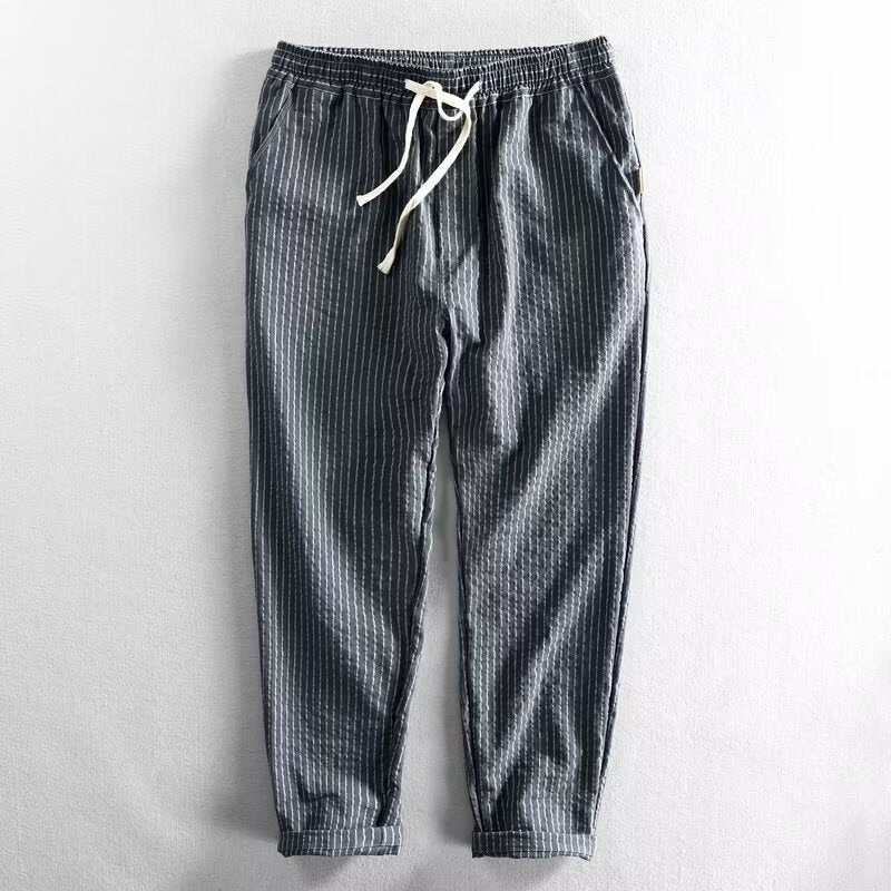 👖 ¡50% DE DESCUENTO AHORA! 🌿 Pantalones de lino para hombre – Rayados y cortos – Cintura elástica con cordón – Pantalones de verano transpirables 🏖️