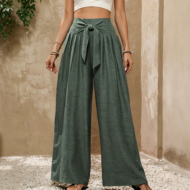 👖 ¡TIEMPO LIMITADO 50% DE DESCUENTO! ✨ Pantalones de cintura ancha de cintura alta para mujer – corbata delante, fluidos, arrugados 🌬️