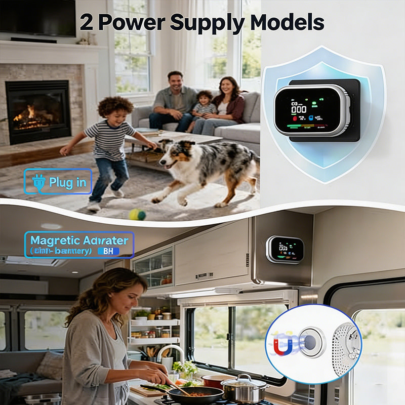 Detector de calidad del aire 6 en 1 🛡️ – Alarma de monóxido de carbono, gas combustible y humo, pantalla LCD, magnético, batería de respaldo – Seguridad para el hogar y caravanas