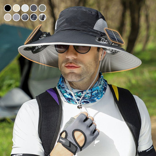Sombrero de pescador para hombre con protección solar y 2 ventiladores solares desmontables.