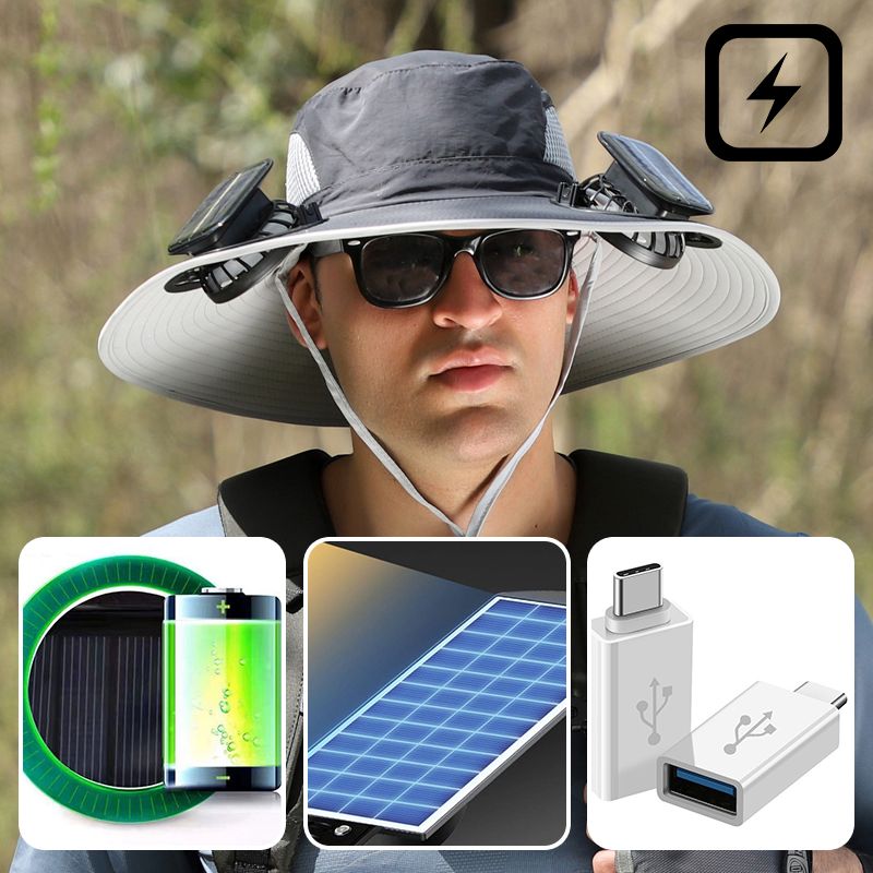 Sombrero de pescador para hombre con protección solar y 2 ventiladores solares desmontables.