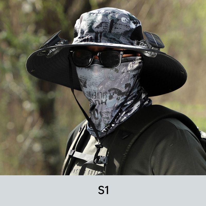Sombrero de pescador para hombre con protección solar y 2 ventiladores solares desmontables.