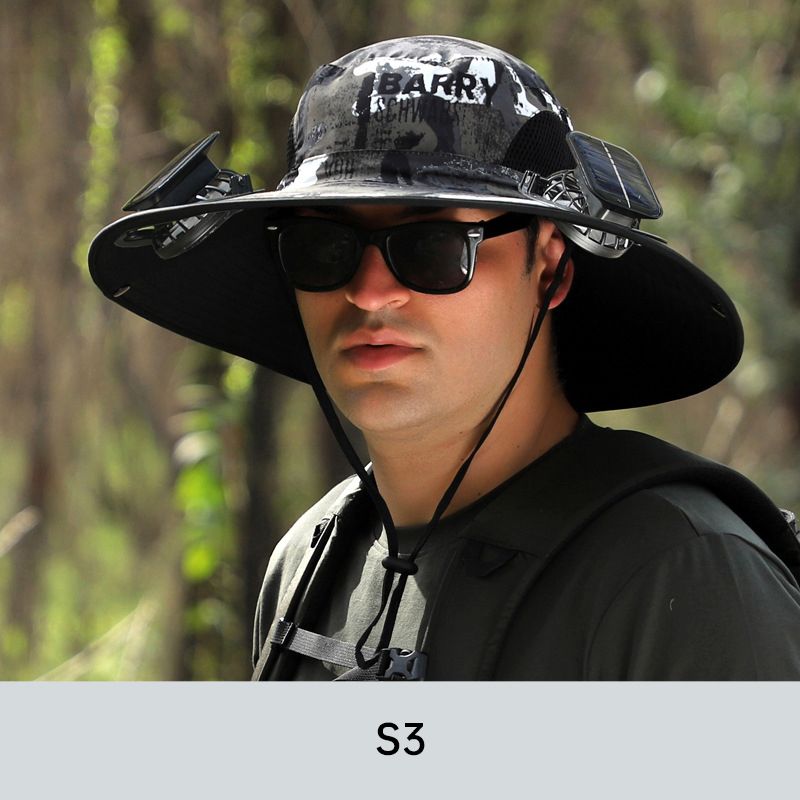 Sombrero de pescador para hombre con protección solar y 2 ventiladores solares desmontables.