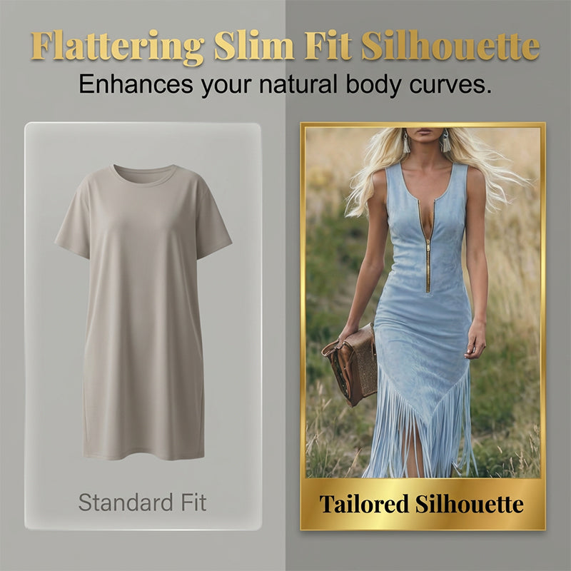 👗LIMITED-TIME 50% OFF! Retro Western Cowgirl Sleeveless Slim Midi Dress, Front Zipper Fringe Hem Vintage Suede-Look Bodycon Dress for Country Concert Vacation