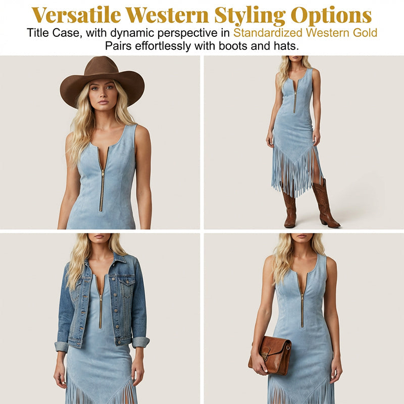 👗LIMITED-TIME 50% OFF! Retro Western Cowgirl Sleeveless Slim Midi Dress, Front Zipper Fringe Hem Vintage Suede-Look Bodycon Dress for Country Concert Vacation