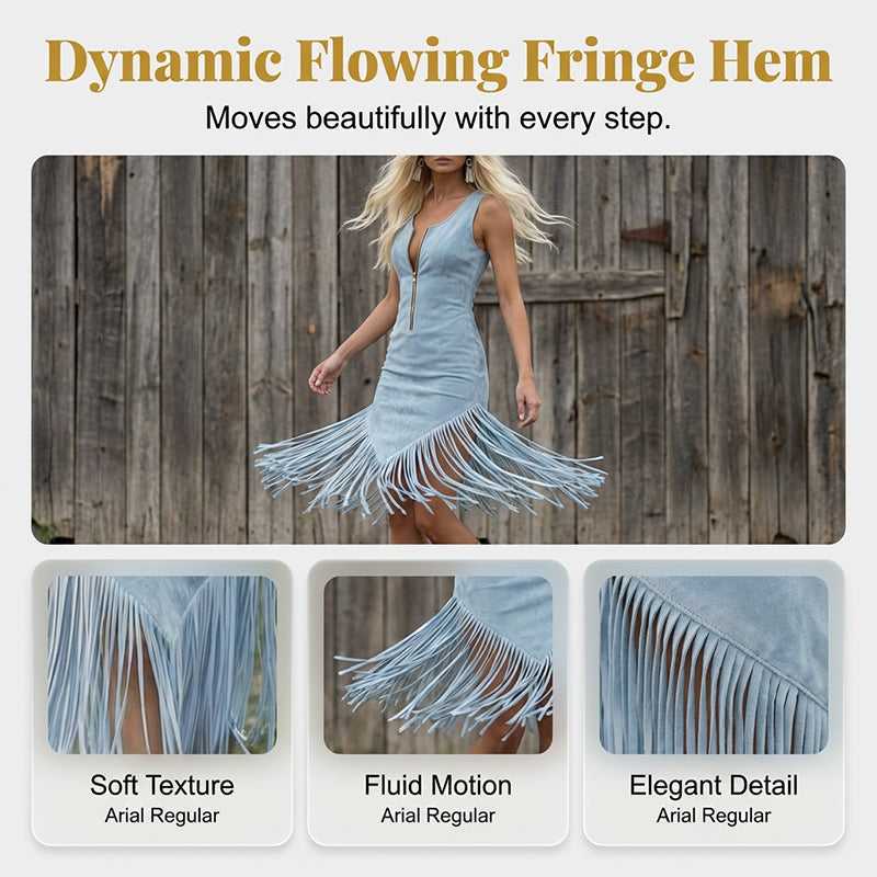 👗LIMITED-TIME 50% OFF! Retro Western Cowgirl Sleeveless Slim Midi Dress, Front Zipper Fringe Hem Vintage Suede-Look Bodycon Dress for Country Concert Vacation