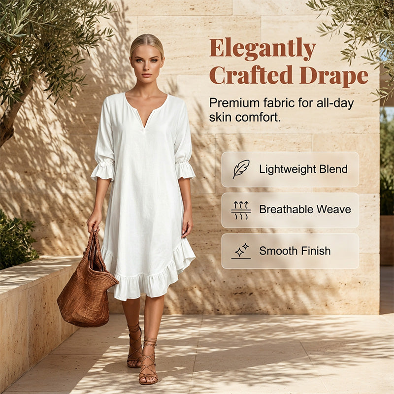 👗 Flowy V-Neck Dress with Ruffle Hem & Bell Sleeves – Breezy Style for Sunny Escapes