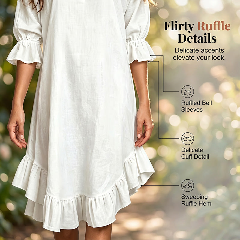 👗 Flowy V-Neck Dress with Ruffle Hem & Bell Sleeves – Breezy Style for Sunny Escapes