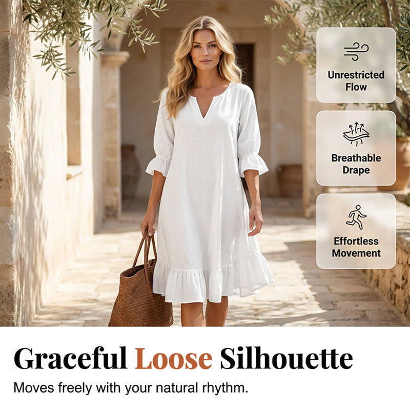 👗 Flowy V-Neck Dress with Ruffle Hem & Bell Sleeves – Breezy Style for Sunny Escapes