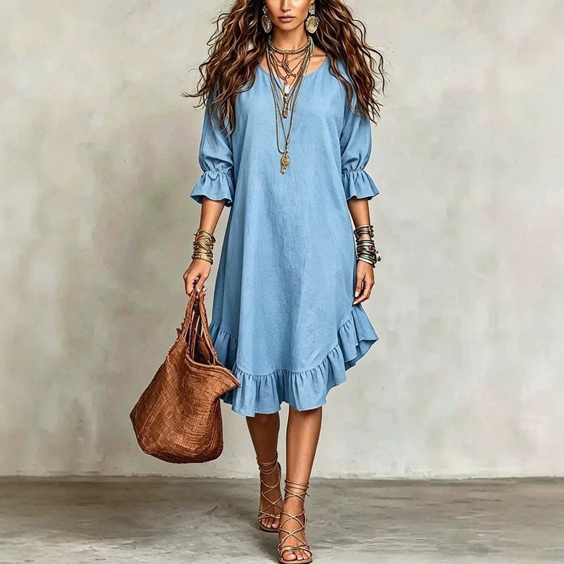 👗 Flowy V-Neck Dress with Ruffle Hem & Bell Sleeves – Breezy Style for Sunny Escapes