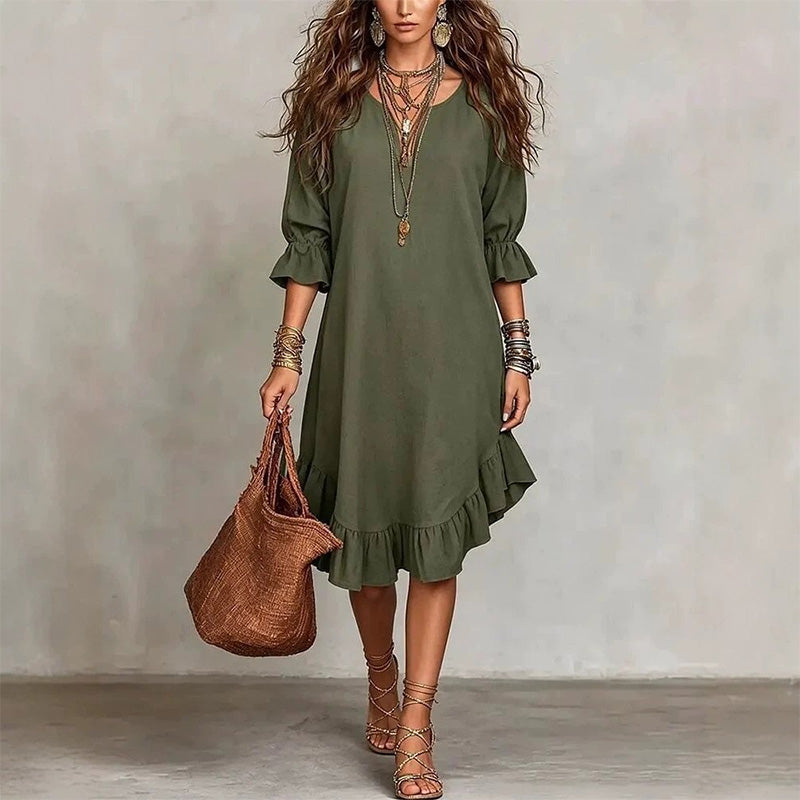 👗 Flowy V-Neck Dress with Ruffle Hem & Bell Sleeves – Breezy Style for Sunny Escapes