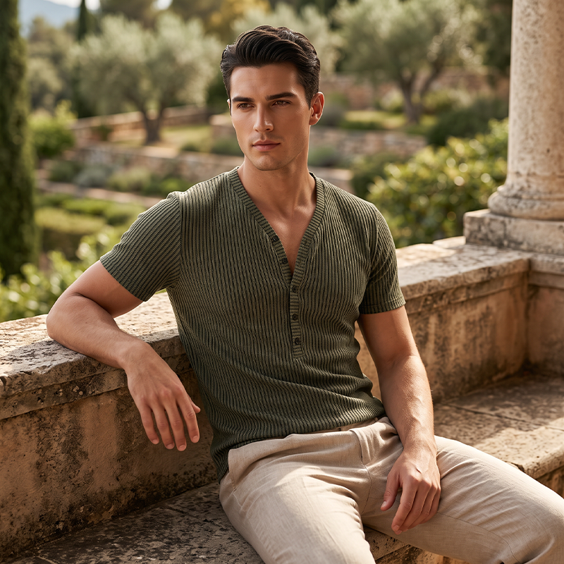 📢📢50% OFF !!!⏰Men's Spring Textured Dual-Color Striped V-Neck Tee 👕 Bold Stripes, Deep V – A Modern Athletic Fit for Training & Beyond ✨