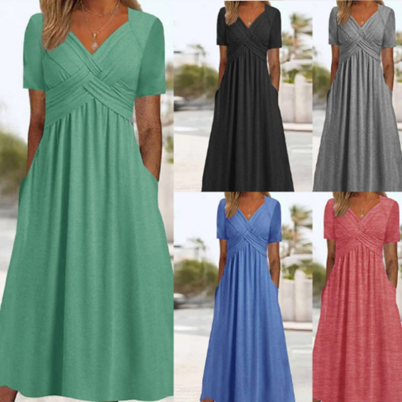 🌸HOT SALE 50% OFF🌸Women’s V-Neck Short Sleeve Long Dresses – Elegant & Comfortable!