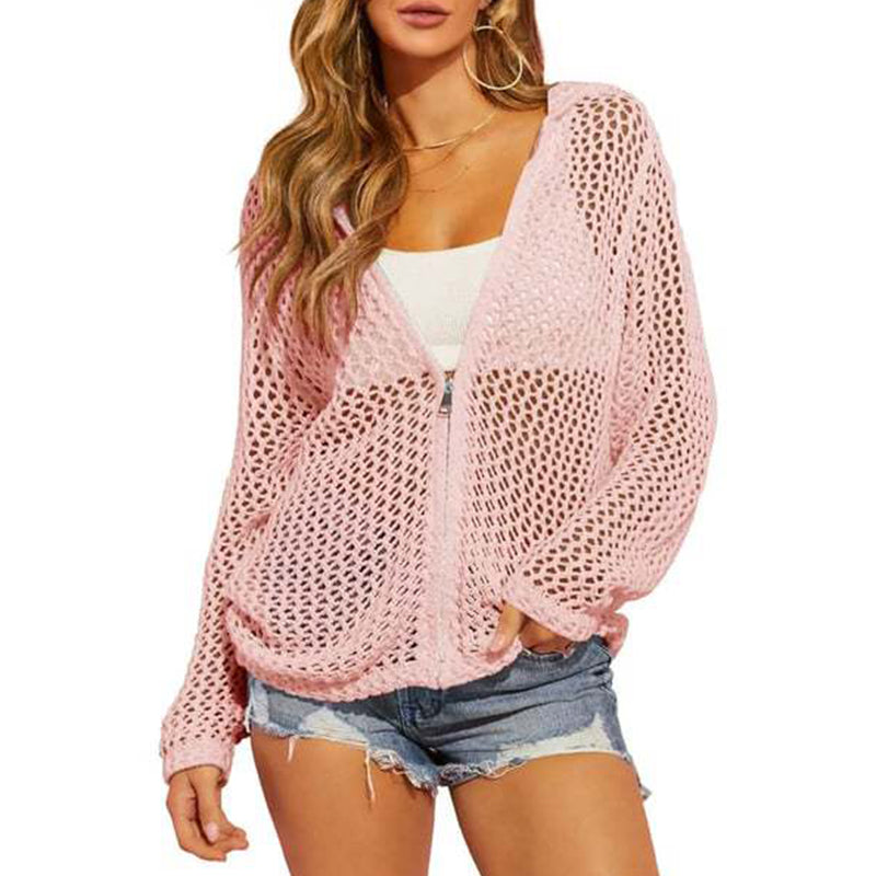 💟2026 Women's Open-Knit Zip-Up Cardigan | Lightweight Hollow-Out Long Sleeve Sweater for Spring & Summer