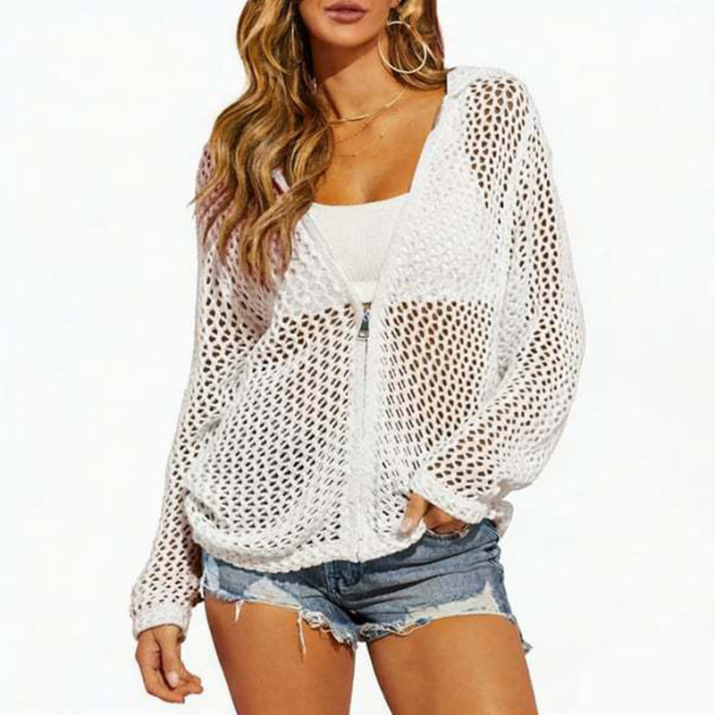 💟2026 Women's Open-Knit Zip-Up Cardigan | Lightweight Hollow-Out Long Sleeve Sweater for Spring & Summer