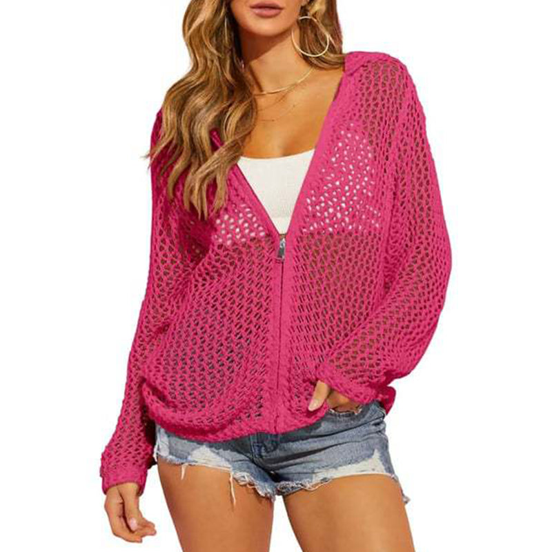 💟2026 Women's Open-Knit Zip-Up Cardigan | Lightweight Hollow-Out Long Sleeve Sweater for Spring & Summer