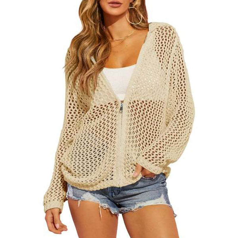 💟2026 Women's Open-Knit Zip-Up Cardigan | Lightweight Hollow-Out Long Sleeve Sweater for Spring & Summer