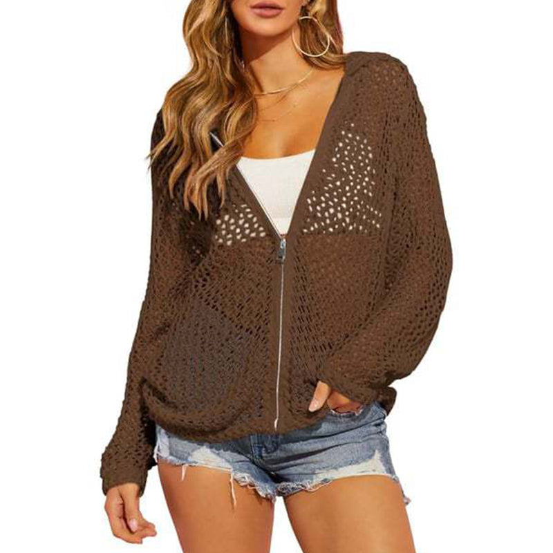 💟2026 Women's Open-Knit Zip-Up Cardigan | Lightweight Hollow-Out Long Sleeve Sweater for Spring & Summer