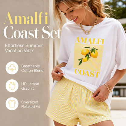 Women Summer Lemon Graphic T-Shirt and Striped Shorts Set