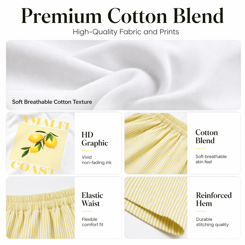 Women Summer Lemon Graphic T-Shirt and Striped Shorts Set