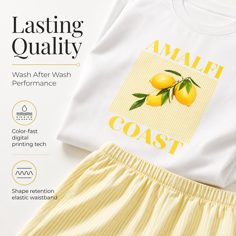 Women Summer Lemon Graphic T-Shirt and Striped Shorts Set