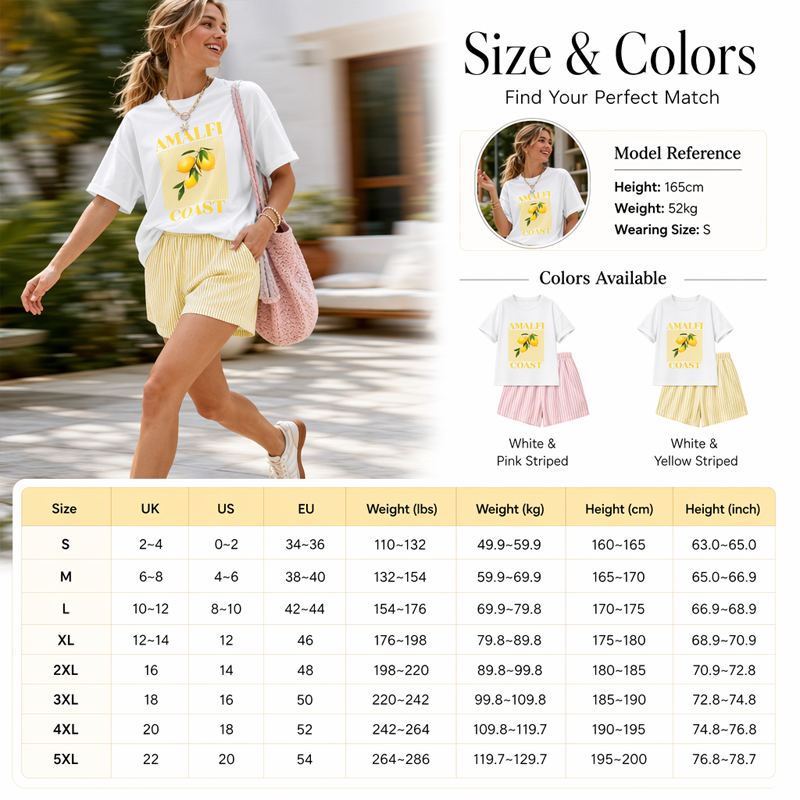 Women Summer Lemon Graphic T-Shirt and Striped Shorts Set