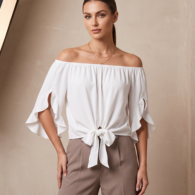 🎁New Arrivals 50% OFF💥Women Casual Off Shoulder Sweet Bow Tie Front Summer Blouse