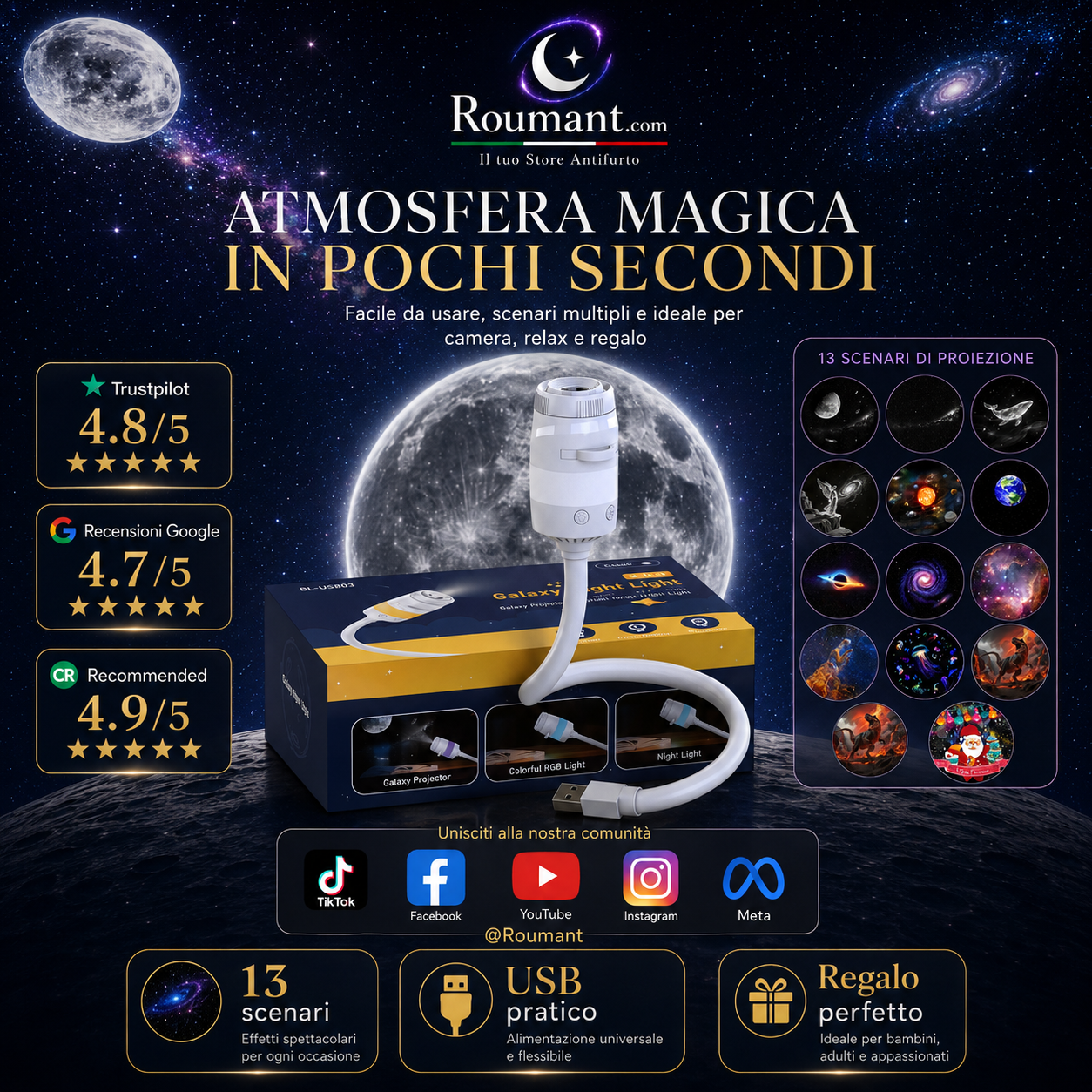 🌌 50 % RABATT NU! 💫 USB-lampa med stjärnhimmelprojektion – 13 utbytbara filmskivor & flexibel hals – perfekt för sovrummet ✨