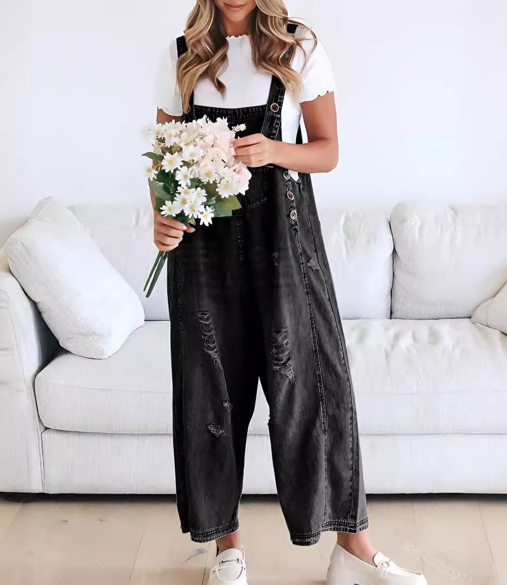 🔥Limited time sale 50% OFF💕Women's Cute Casual Button Jumpsuit Ripped Denim Overalls
