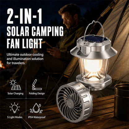 🔥¡Oferta imperdible con 50% de descuento!🔥 Ventilador solar plegable – 1200 mAh, recargable por USB-C, luz LED, ideal para acampar 🏕️