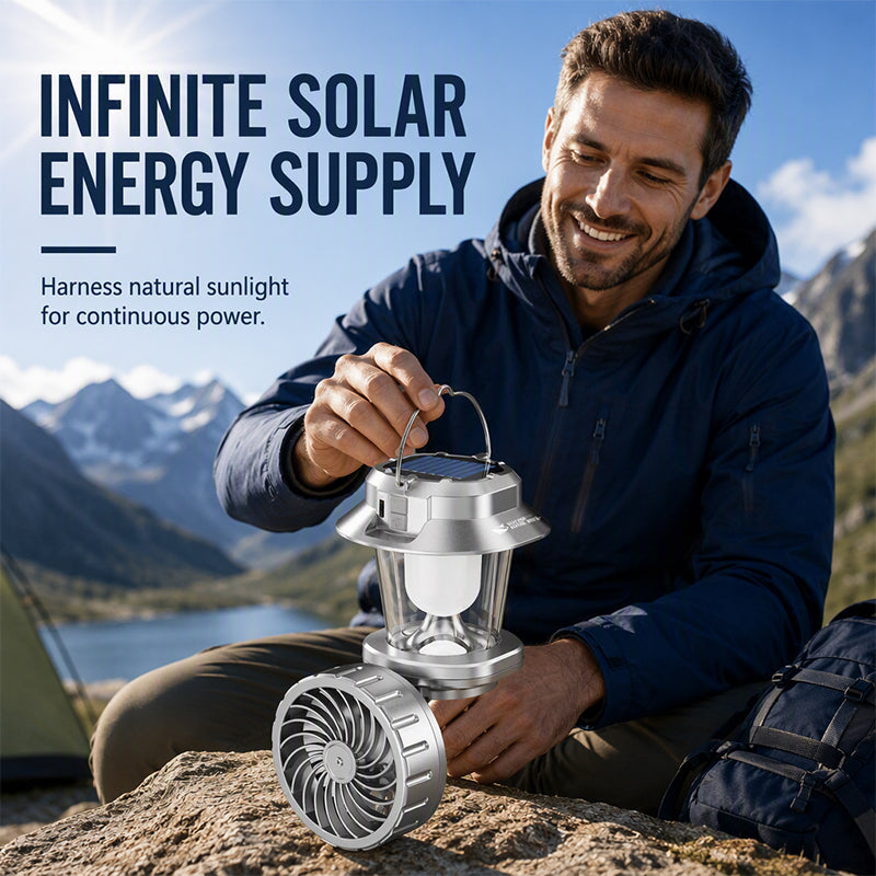 🔥¡Oferta imperdible con 50% de descuento!🔥 Ventilador solar plegable – 1200 mAh, recargable por USB-C, luz LED, ideal para acampar 🏕️